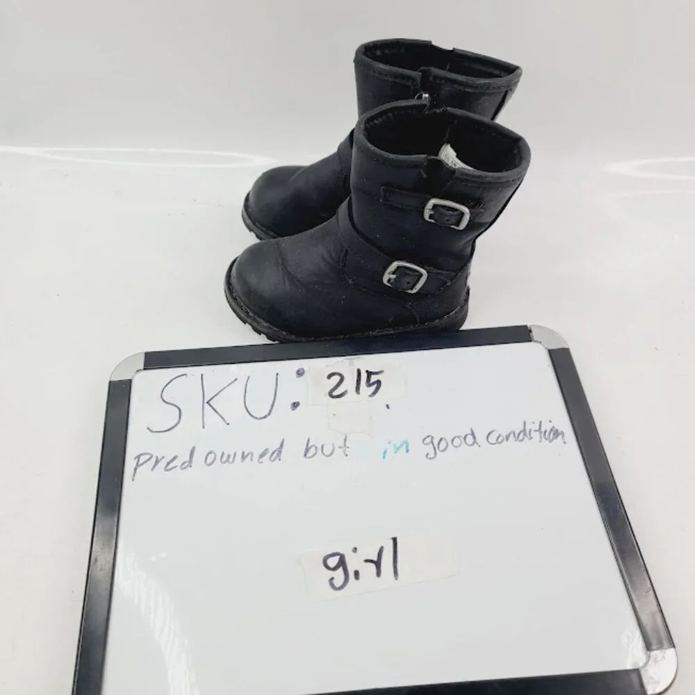 UGG Girl's Black Harwell Leather Dual Buckle Classic Ankle Moto‎ Boot Size 6